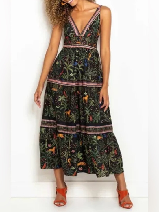 FARM Rio Dresses & Skirts - Farm Rio 100% Cotton V-Neck Tiered Tropical Print Maxi Floral Black Dress Sz S